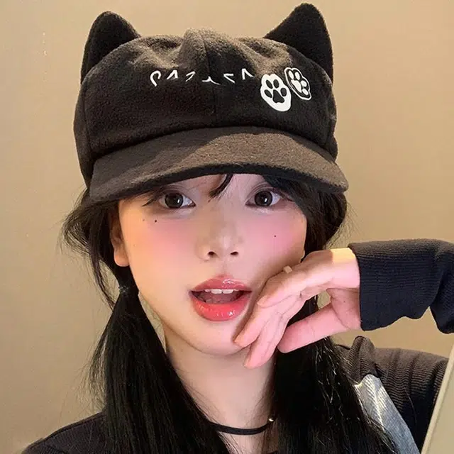 雅鹿 春夏季可爱小猫防风猫耳朵二次元萌系可爱猫猫大头围显脸小 聚酯纤维 鸭舌帽 女款