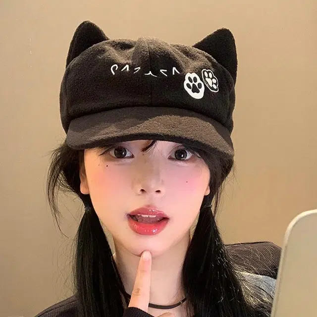 雅鹿 春夏季可爱小猫防风猫耳朵二次元萌系可爱猫猫大头围显脸小 聚酯纤维 鸭舌帽 女款