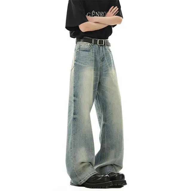 欧路得 美式微喇高街复古水洗做旧宽松阔腿牛仔裤 男款 蓝色