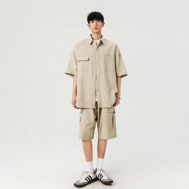 绘承 色日系简约泡泡格纹理基础款宽松休闲透气百搭多口袋五分薄款工装短裤 男女同款 杏咖