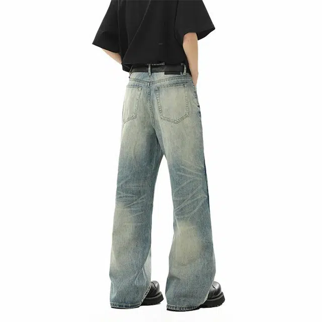 欧路得 美式微喇高街复古水洗做旧宽松阔腿牛仔裤 男款 蓝色