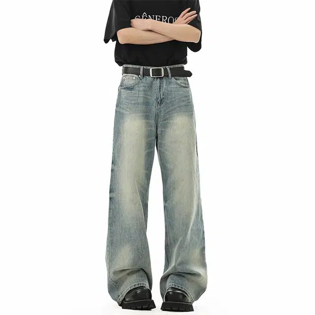 欧路得 美式微喇高街复古水洗做旧宽松阔腿牛仔裤 男款 蓝色