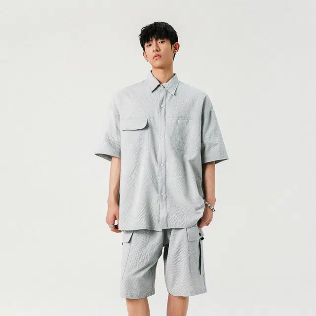 绘承 纯色简约泡泡格纹理潮牌宽松休闲百搭翻领通勤基础款短袖衬衫 男女同款 杏咖