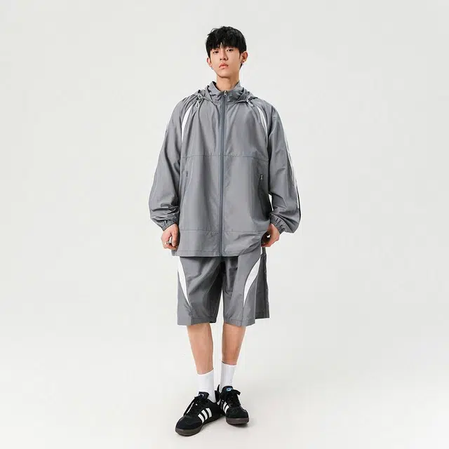 绘承 简约拼接薄款透气宽松休闲百搭系带抽绳垂感直筒五分防晒休闲短裤 男女同款 灰色