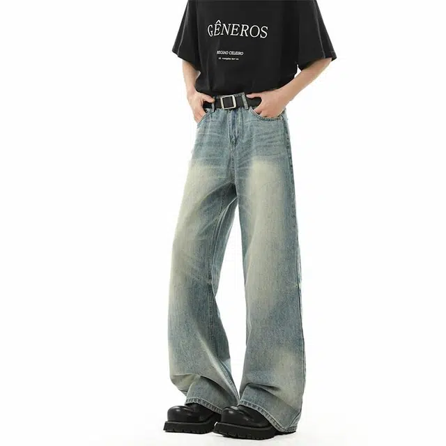 欧路得 美式微喇高街复古水洗做旧宽松阔腿牛仔裤 男款 蓝色