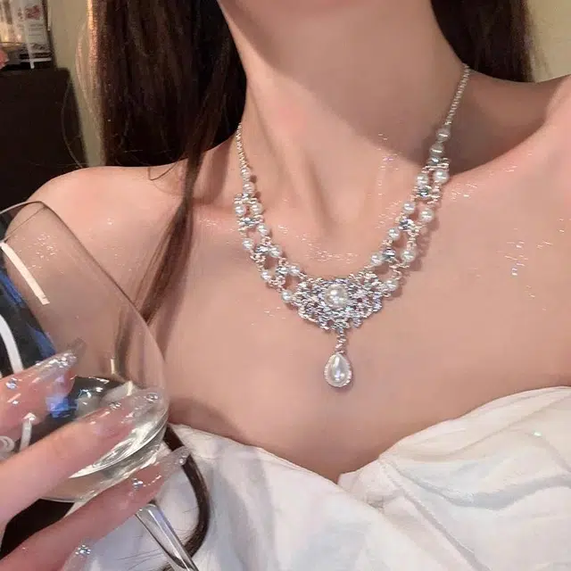韵系 法式锆石水滴仿珍珠 铜镀金 项链 女款