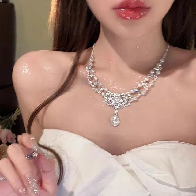 韵系 法式锆石水滴仿珍珠 铜镀金 项链 女款