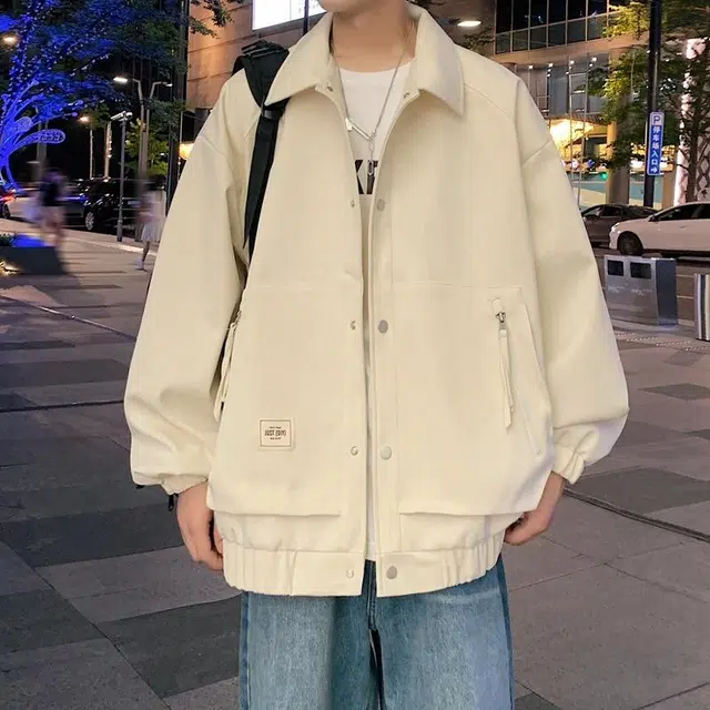 雅鹿 美式高街基础款纯色单排扣宽松休闲长袖夹克外套 男女同款 白色