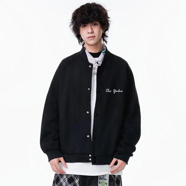 雅鹿 美式复古高街校园风麂皮绒棒球领手写体休闲舒适百搭旅游通勤防风飞行员教练宽松夹克 男女同款 黑色