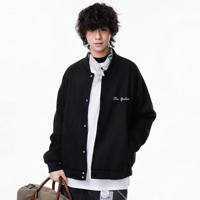 雅鹿 美式复古高街校园风麂皮绒棒球领手写体休闲舒适百搭旅游通勤防风飞行员教练宽松夹克 男女同款 黑色