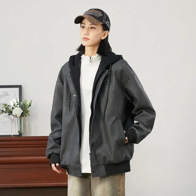 雅鹿 假两件皮质机车风纯色基础款防风工装外套宽松舒适休闲夹克 男女同款 黑色