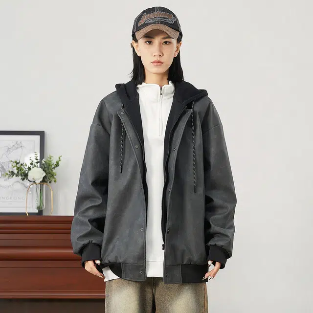 雅鹿 假两件皮质机车风纯色基础款防风工装外套宽松舒适休闲夹克 男女同款 黑色