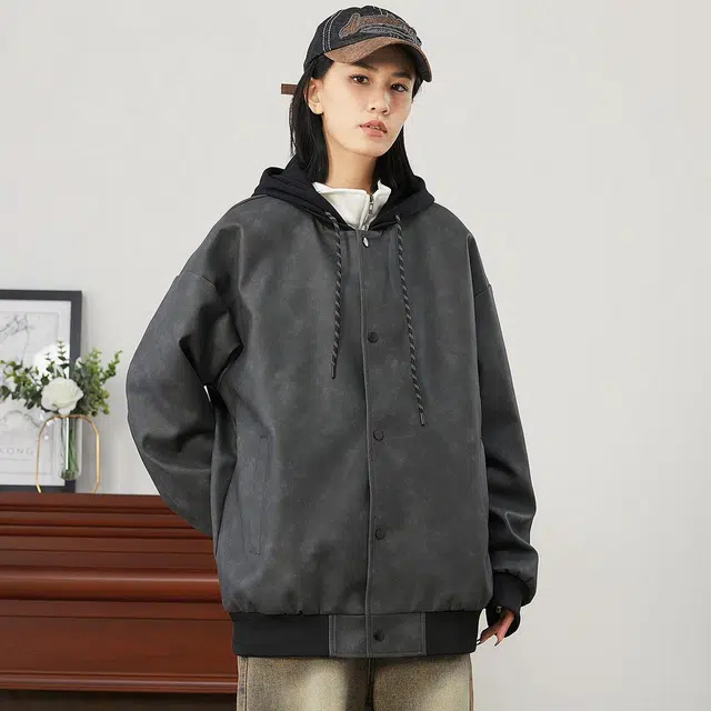 雅鹿 假两件皮质机车风纯色基础款防风工装外套宽松舒适休闲夹克 男女同款 黑色