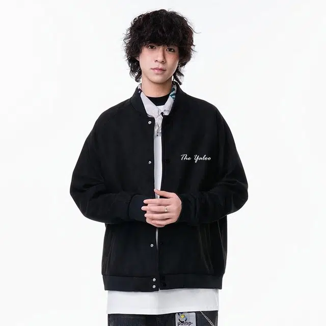 雅鹿 美式复古高街校园风麂皮绒棒球领手写体休闲舒适百搭旅游通勤防风飞行员教练宽松夹克 男女同款 黑色