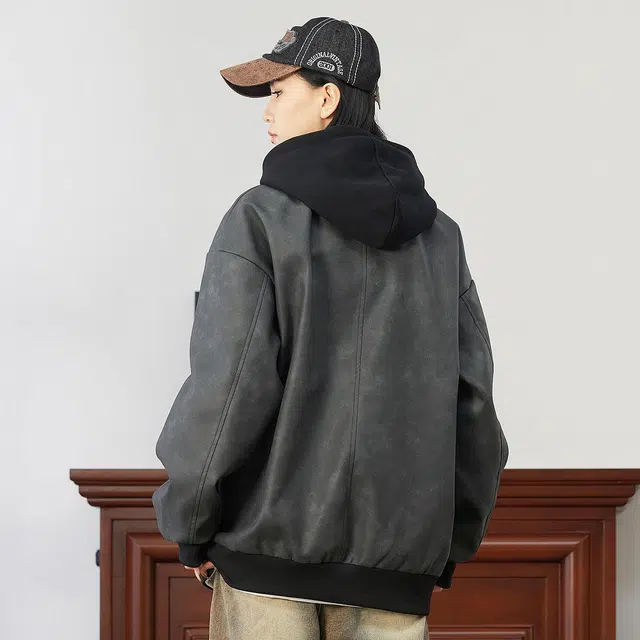 雅鹿 假两件皮质机车风纯色基础款防风工装外套宽松舒适休闲夹克 男女同款 黑色