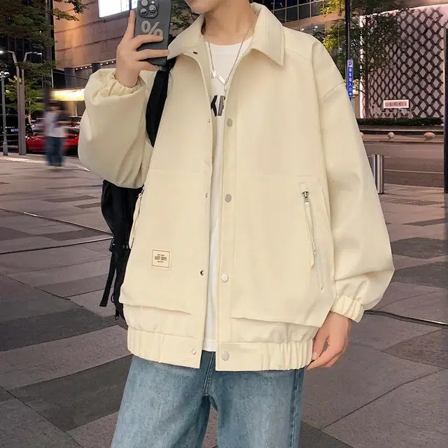 雅鹿 美式高街基础款纯色单排扣宽松休闲长袖夹克外套 男女同款 白色