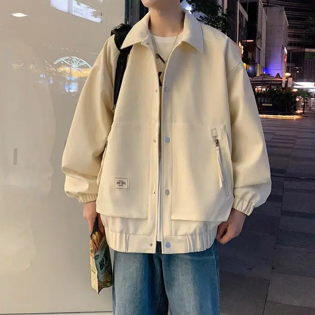 雅鹿 美式高街基础款纯色单排扣宽松休闲长袖夹克外套 男女同款 白色