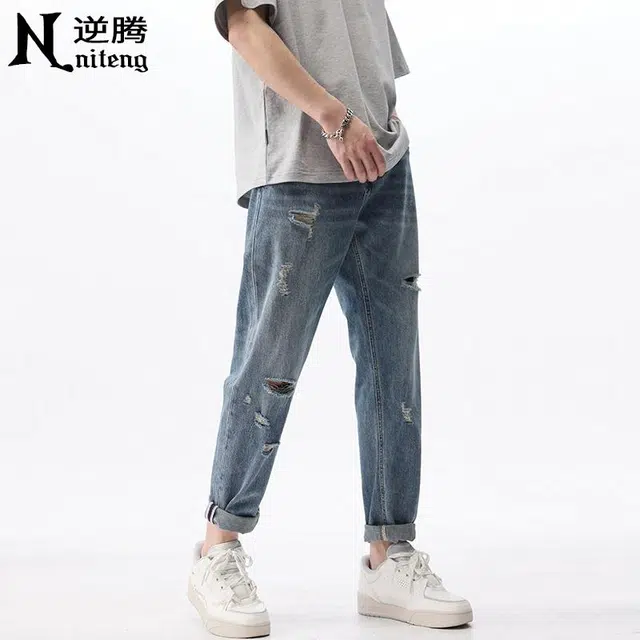 逆腾 破洞直筒宽松中腰口袋拉链九分牛仔裤 男女同款 蓝色