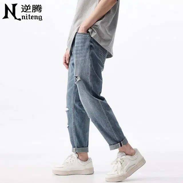 逆腾 破洞直筒宽松中腰口袋拉链九分牛仔裤 男女同款 蓝色