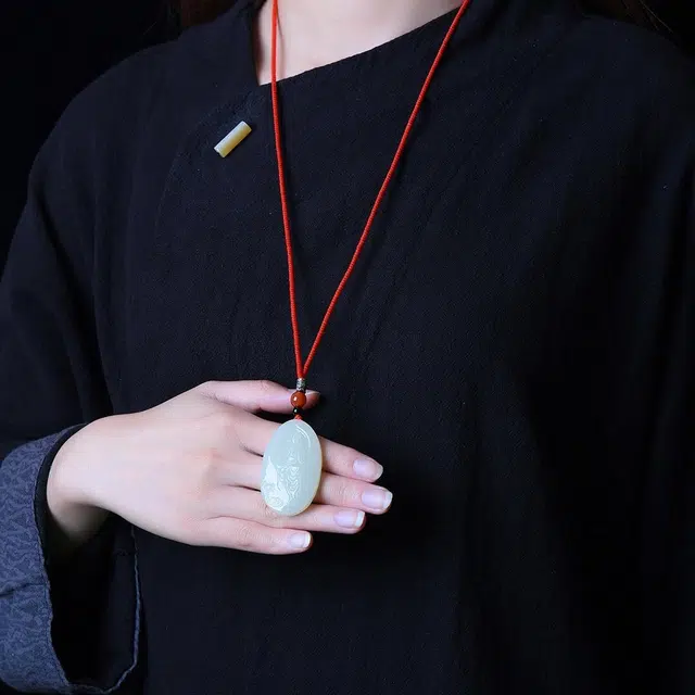 舒杰 国风中式吉祥转运观音 手工编织红绳 和田玉项链 白玉/青白玉 男女同款情侣款