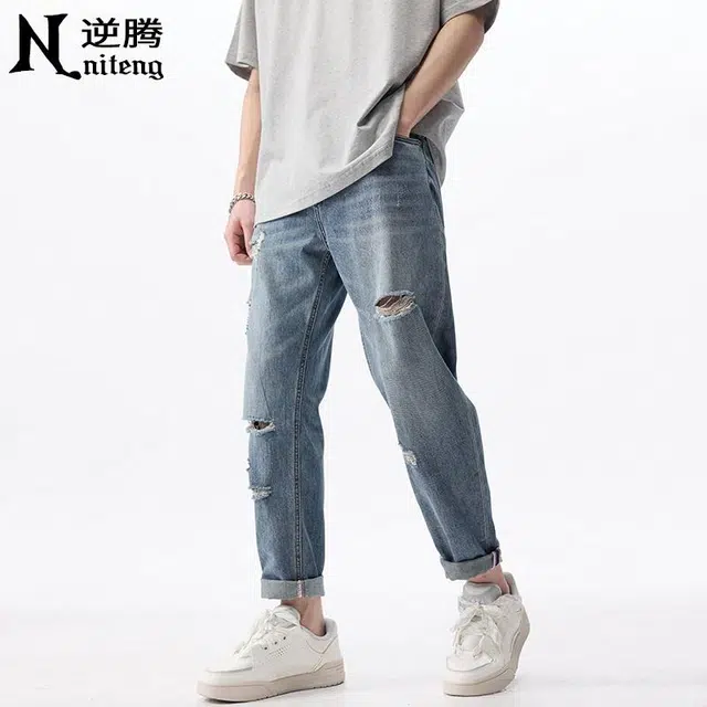 逆腾 破洞直筒宽松中腰口袋拉链九分牛仔裤 男女同款 蓝色
