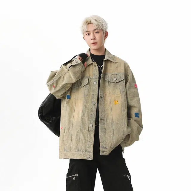 佐菲利 美式复古做旧刺绣牛仔外套 男女同款 泥黄色