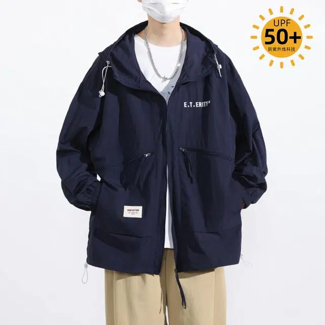 雅鹿 纯色轻薄户外休闲连帽超轻透气速干防紫外线防晒夹克 男女同款 藏青色