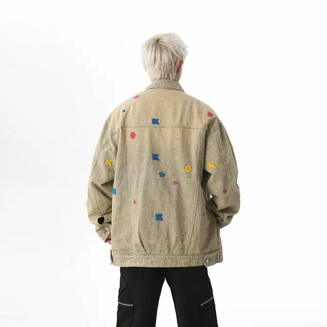 佐菲利 美式复古做旧刺绣牛仔外套 男女同款 泥黄色