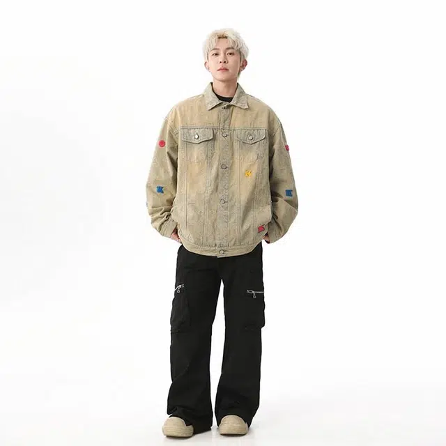 佐菲利 美式复古做旧刺绣牛仔外套 男女同款 泥黄色