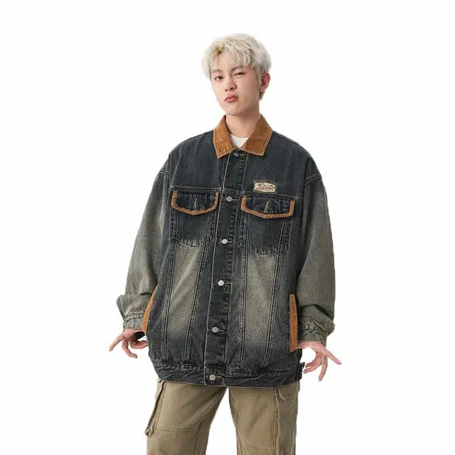 佐菲利 美式复古做旧宽松拼接撞色多口袋工装牛仔外套 男女同款 蓝色