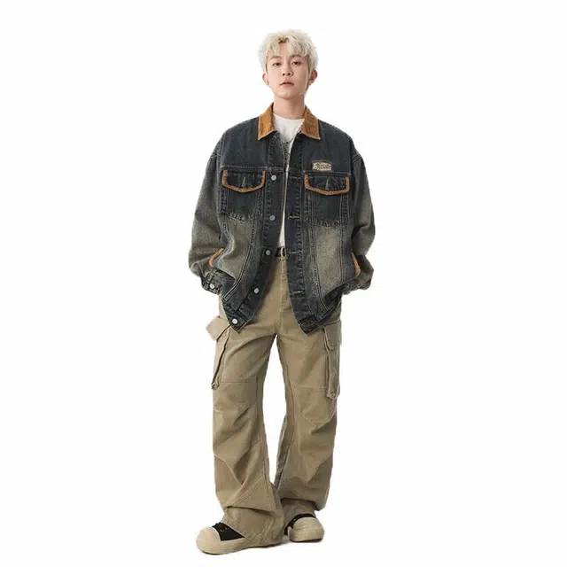 佐菲利 美式复古做旧宽松拼接撞色多口袋工装牛仔外套 男女同款 蓝色