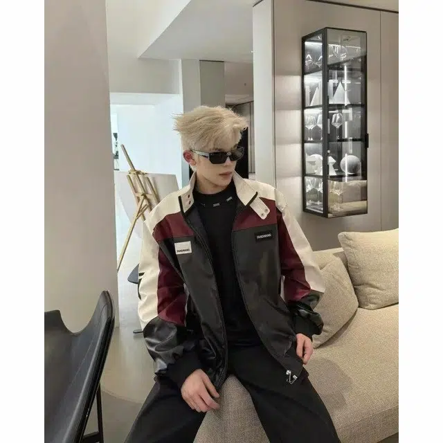 颂希尔 高级感痞帅美式复古潮流立领皮衣 男女同款 黑色
