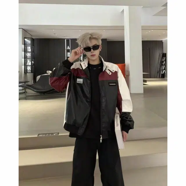 颂希尔 高级感痞帅美式复古潮流立领皮衣 男女同款 黑色