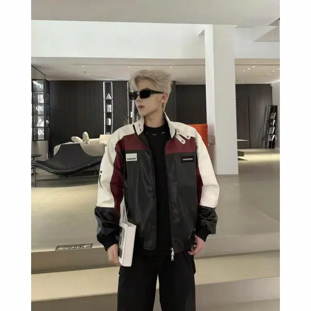 颂希尔 高级感痞帅美式复古潮流立领皮衣 男女同款 黑色