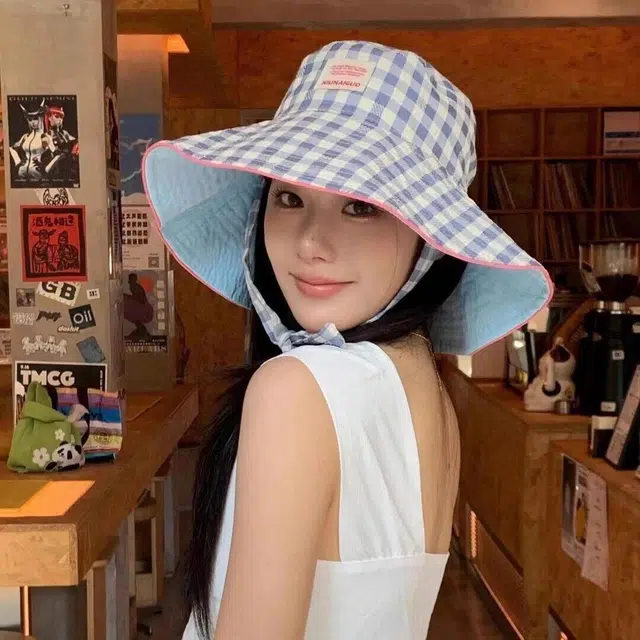 优莲茵 小清新田园风格子纯色双面戴夏季户外太阳帽 出游系带大帽檐显脸小可折叠轻便防晒遮阳盆帽 聚酯纤维 渔夫帽 女款
