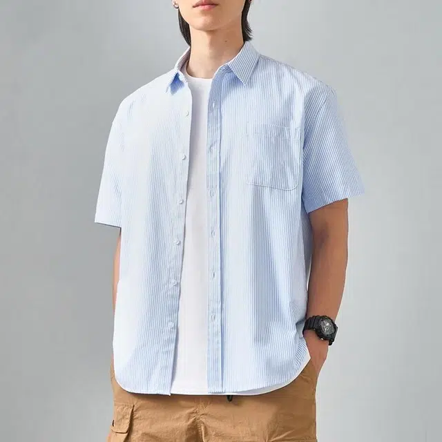 杜克恩 牛津纺休闲宽松条纹短袖百搭通勤衬衫 男女同款