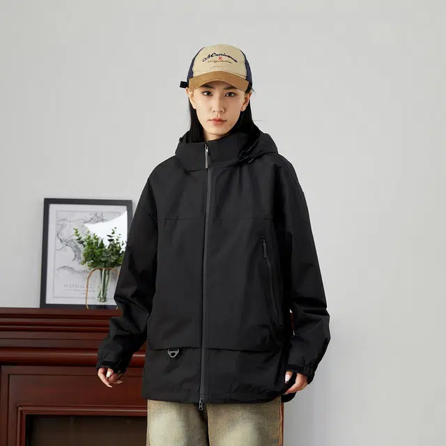 雅鹿 纯色多口袋设计机能防风休闲户外运动宽松连帽夹克外套 男女同款