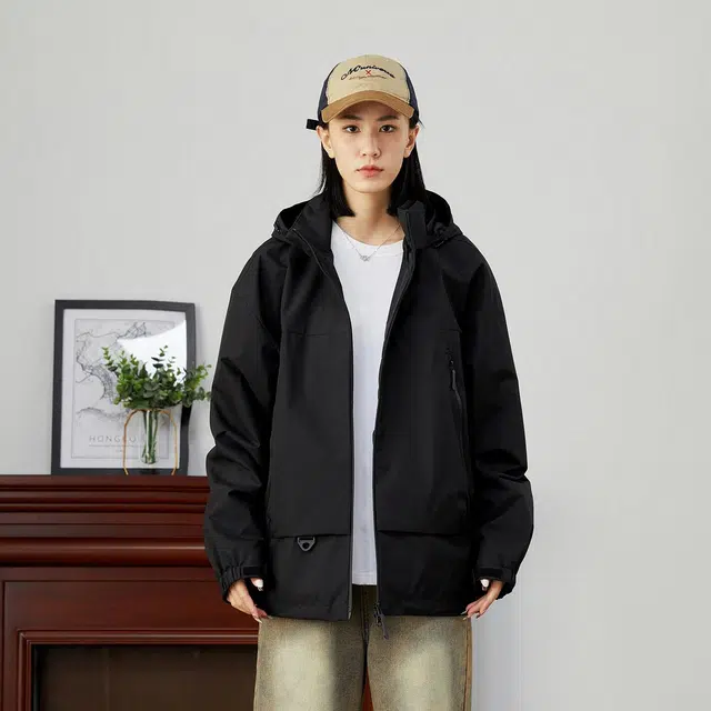 雅鹿 纯色多口袋设计机能防风休闲户外运动宽松连帽夹克外套 男女同款