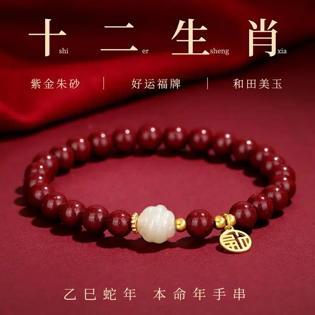 七可 本命年十二生肖转运珠 平安纳福 新中式小众设计国风招财圆满福牌手饰 再造辰砂朱砂 手串 女款