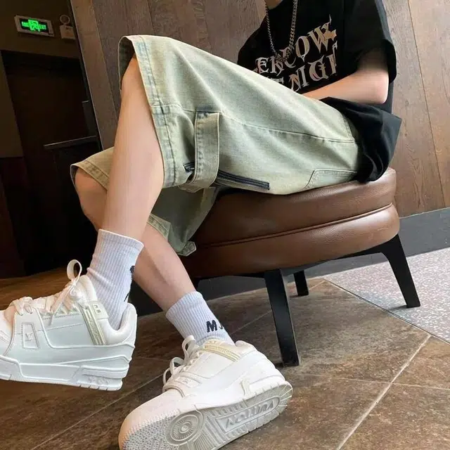 极限涡轮 美式复古薄款工装设计感小众五分裤牛仔短裤 男女同款 黄泥色