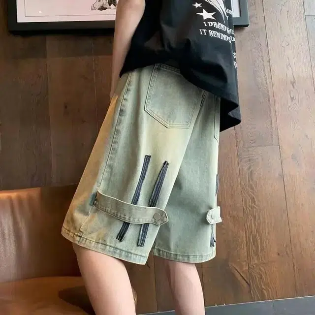 极限涡轮 美式复古薄款工装设计感小众五分裤牛仔短裤 男女同款 黄泥色