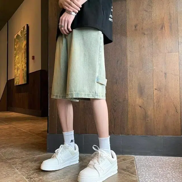 极限涡轮 美式复古薄款工装设计感小众五分裤牛仔短裤 男女同款 黄泥色