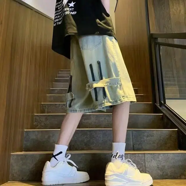 极限涡轮 美式复古薄款工装设计感小众五分裤牛仔短裤 男女同款 黄泥色