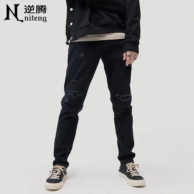 逆腾 美式破洞直筒小脚牛仔裤 男款 黑色