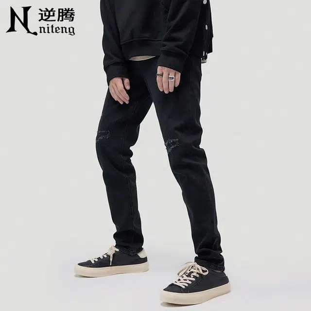 逆腾 美式破洞直筒小脚牛仔裤 男款 黑色