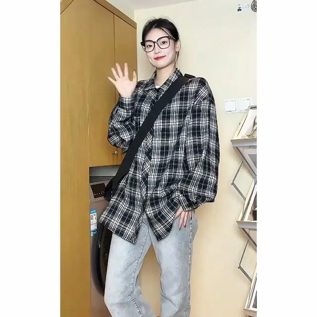 黑恐龙 百搭舒适宽松格子垂感复古长袖衬衫 男女同款
