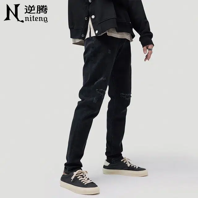 逆腾 美式破洞直筒小脚牛仔裤 男款 黑色