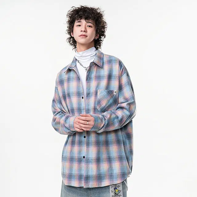 依文 美式基础款格子简约百搭通勤长袖衬衫 男女同款 蓝粉