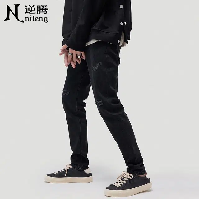 逆腾 美式破洞直筒小脚牛仔裤 男款 黑色
