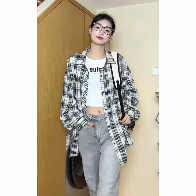 黑恐龙 百搭舒适宽松格子垂感复古长袖衬衫 男女同款